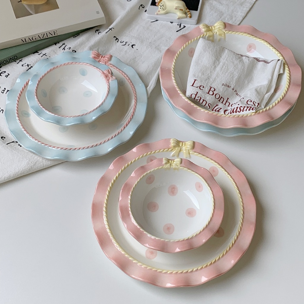 Luné - Ceramic Soup Plate Ribbon Polcadot Blue Pink - Piring Mangkok Keramik Motif Pita Polkadot Bir