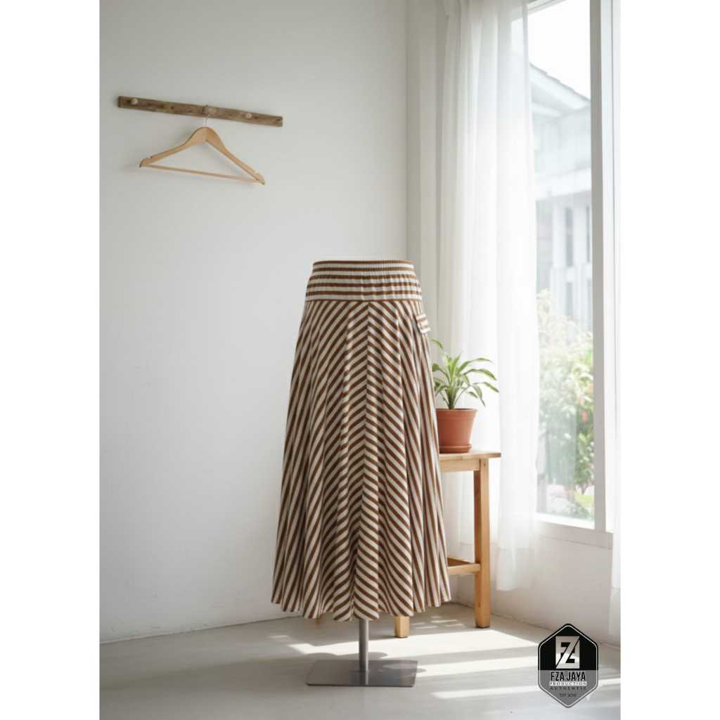 Rok Panjang Midi Salur Garis Stripe Zebra - Rok Flare A-Line Motif Salur Diagonal - FZA JAYA
