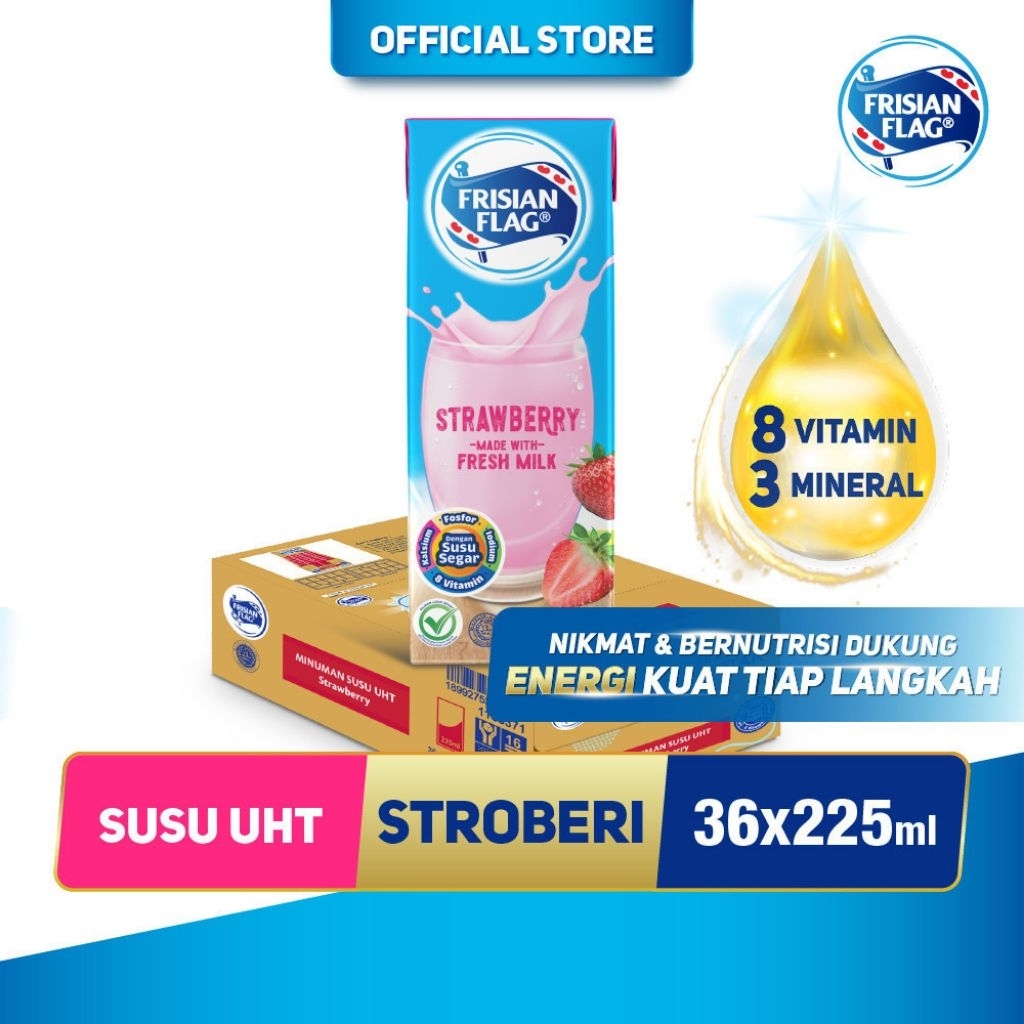 Susu UHT Frisian Flag 225 ml Strawberry (1 Dus Isi 36 Pcs)