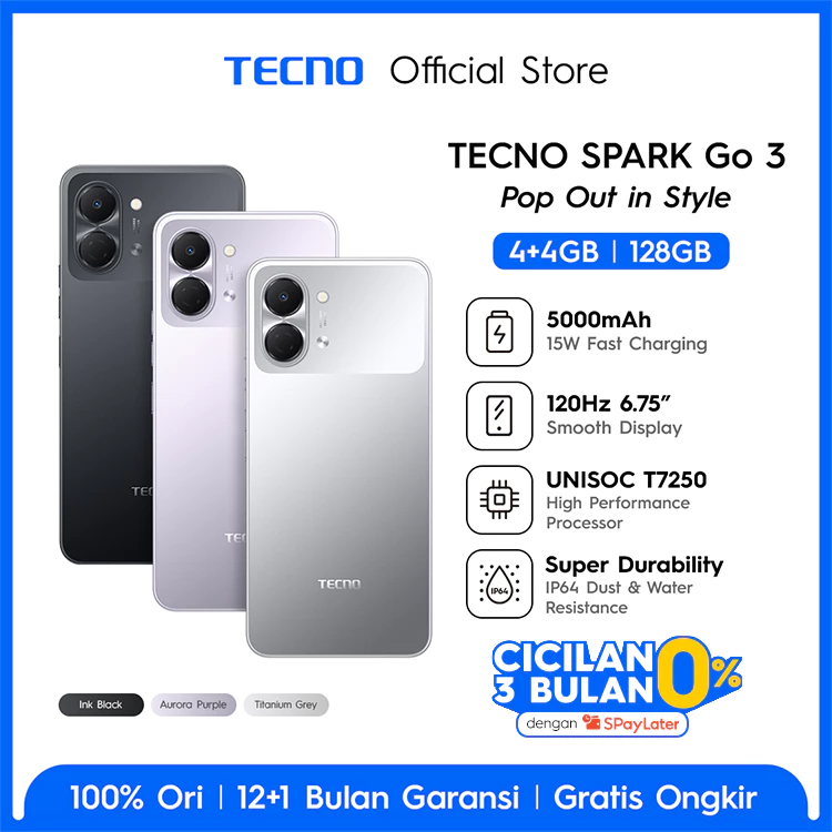 HP Android Tecno Spark Go 3 4GB+128GB Tahan Air IP64