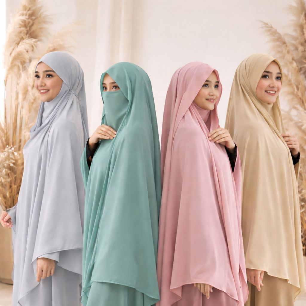 French Khimar poni Ceruty Premium 2 Layer Jumbo | Khimar Syar’i Jumbo Adem Flowly Warna Hitam Putih 