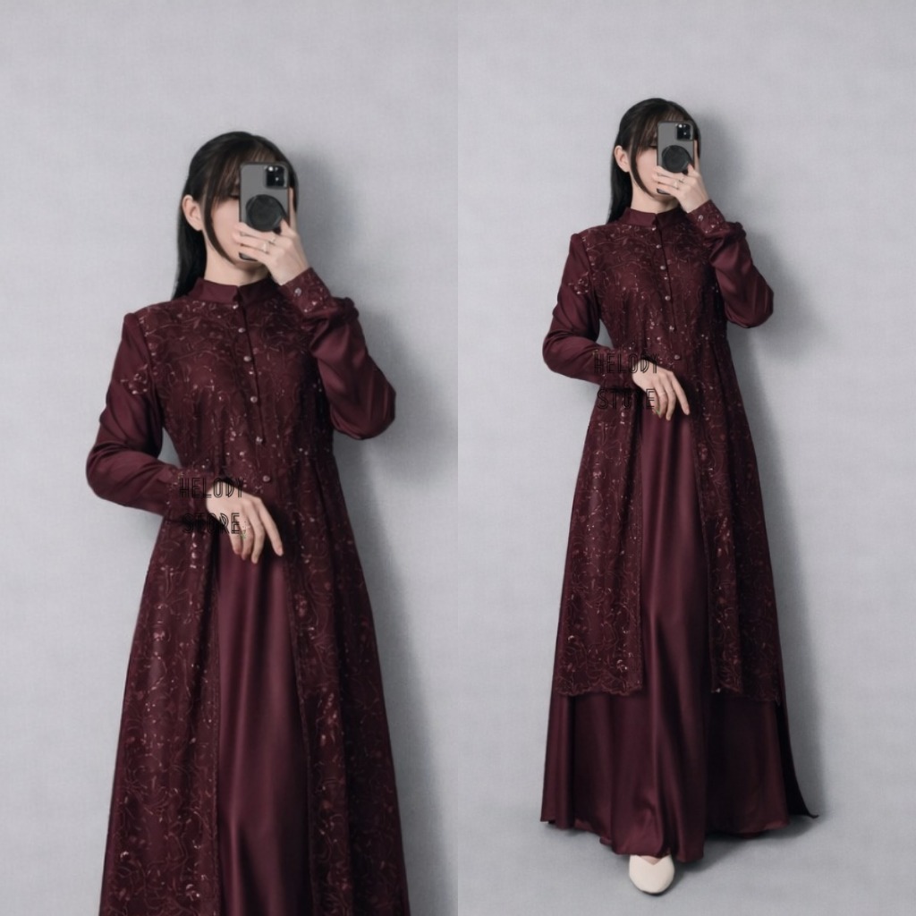 Jasmine Dress - Gaun Pesta Mewah Elegan - Dress Brokat Kondangan - Gamis Brokat- Satin Silk Brokat S