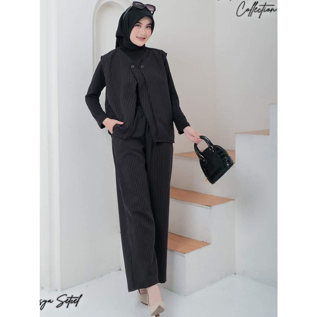Alessya Set Wanita Motif Salur Setelan Rompi manset & Celana kulot Cocok untuk Daily & Kondangan by 
