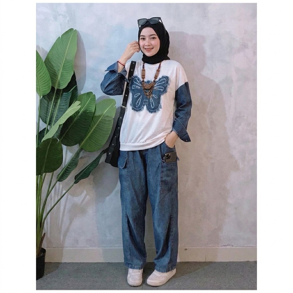 Setcel Wanita Kekinian One Set Kupu Denim WD Bahan Combed Mix Jeans Size M L XL XXL XXXL Setelan Rem