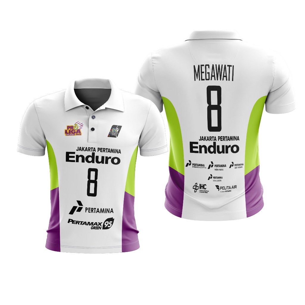 Baju Kaos Tshirt Dewasa Polo V-neck Jersey Olahraga Voli Volly Jakarta Pertamina Enduro Putih Full P