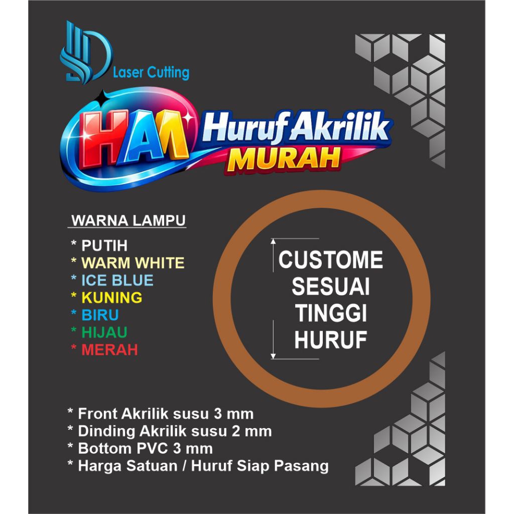 Huruf Timbul Akrilik LED 13cm Huruf Timbul Nyala