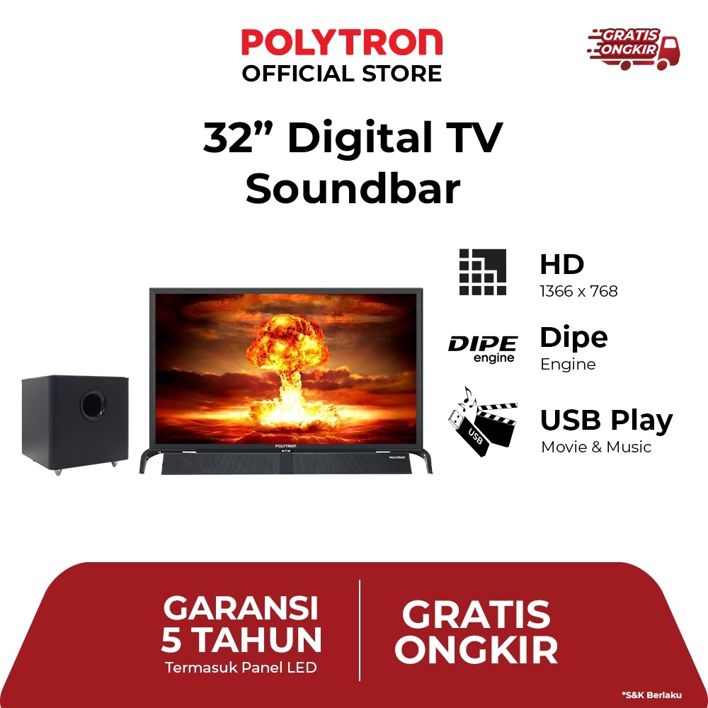 [INSTANT] POLYTRON 32BV2258 LED TV 32 Inch Digital - Soundbar + Subwoofer