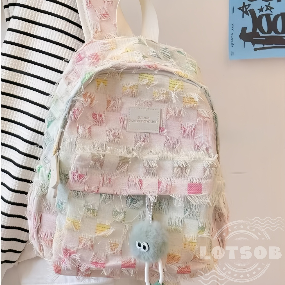 [COD]Tas Sekolah Wanita Mini Pelangi | Tas Ransel motif kotak-kotak rumbai gradien Tas Sekolah Fashi