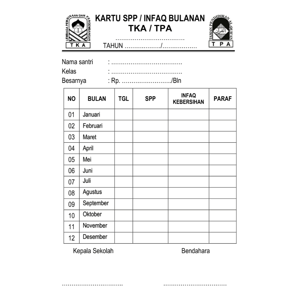 Kartu SPP Infak Bulanan TPA TKA