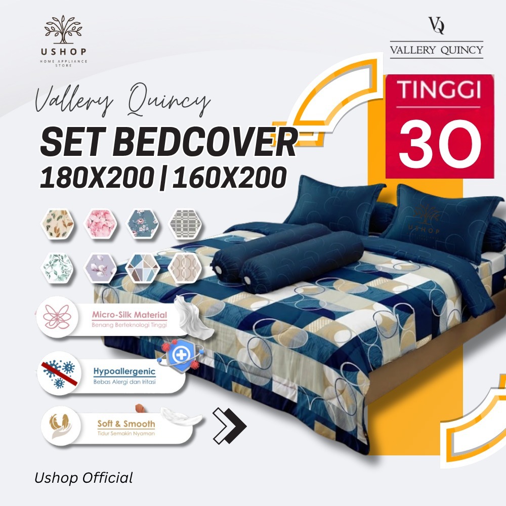 VALLERY Quincy Set Bedcover + Sprei Fitted Flat 180x200 / 160x200 Tinggi 30 Cm - King Queen USHOP