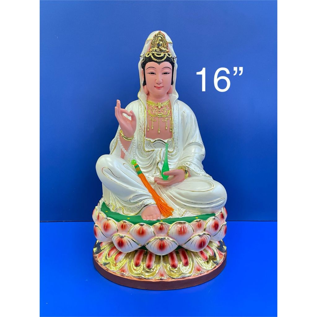 patung dewi kwan im / guan yin / kwan in - putih - 16 inch - kayu