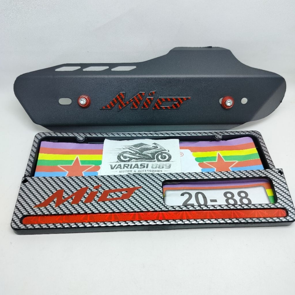 paket murah cover tameng knalpot mio+plat nomor+baut knalpot+logo mio universal