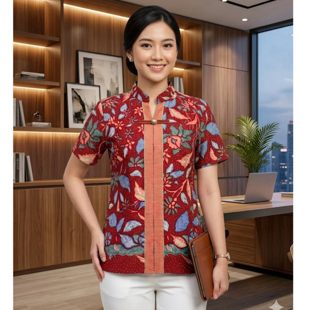 Shanaya Batik Blouse Ayana Blus Sanghai Imlek Cheongsam Kancing Depan Kemeja Batik Wanita Kerja Bati