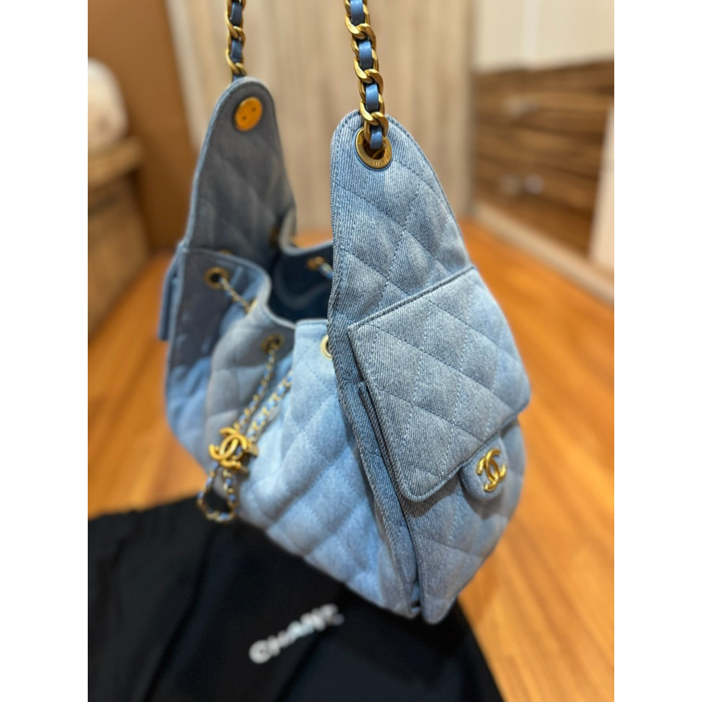 Preloved 99% Tas C@nnel 25 jeans halus Tas Sandang denim wanita mixed kulit