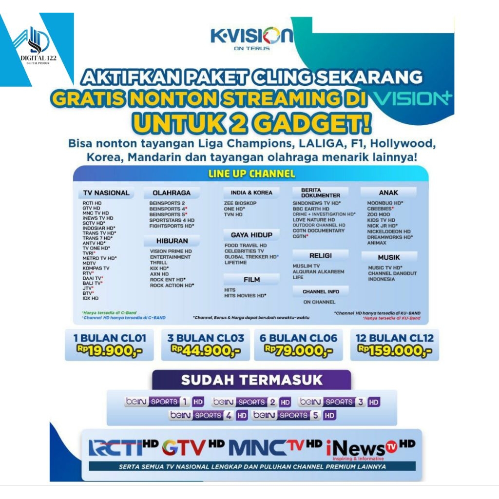 K VISION PAKET TV KABEL CLING 2bulan 3BULAN 6BULAN 12BULAN