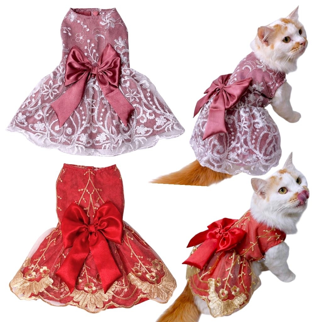 Migo Design 114 Baju Dress Brokat Akar Tile Bordir Merah Emas Dusty Putih Pita Besar Satin Pesta CNY