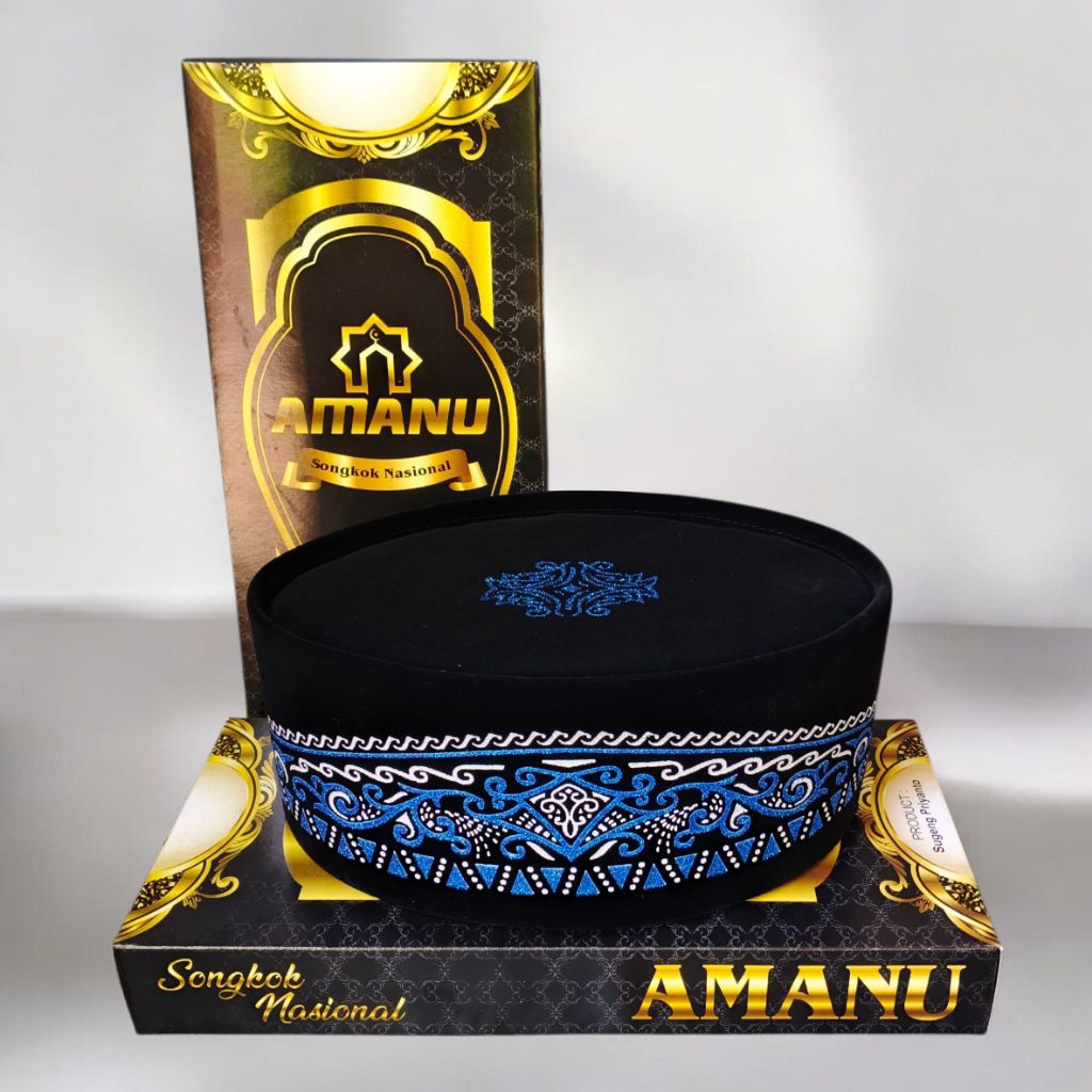 Peci Songkok Polos motif Batik Biru Anak dan Dewasa Amanu Kopiah Hitam Kopyah