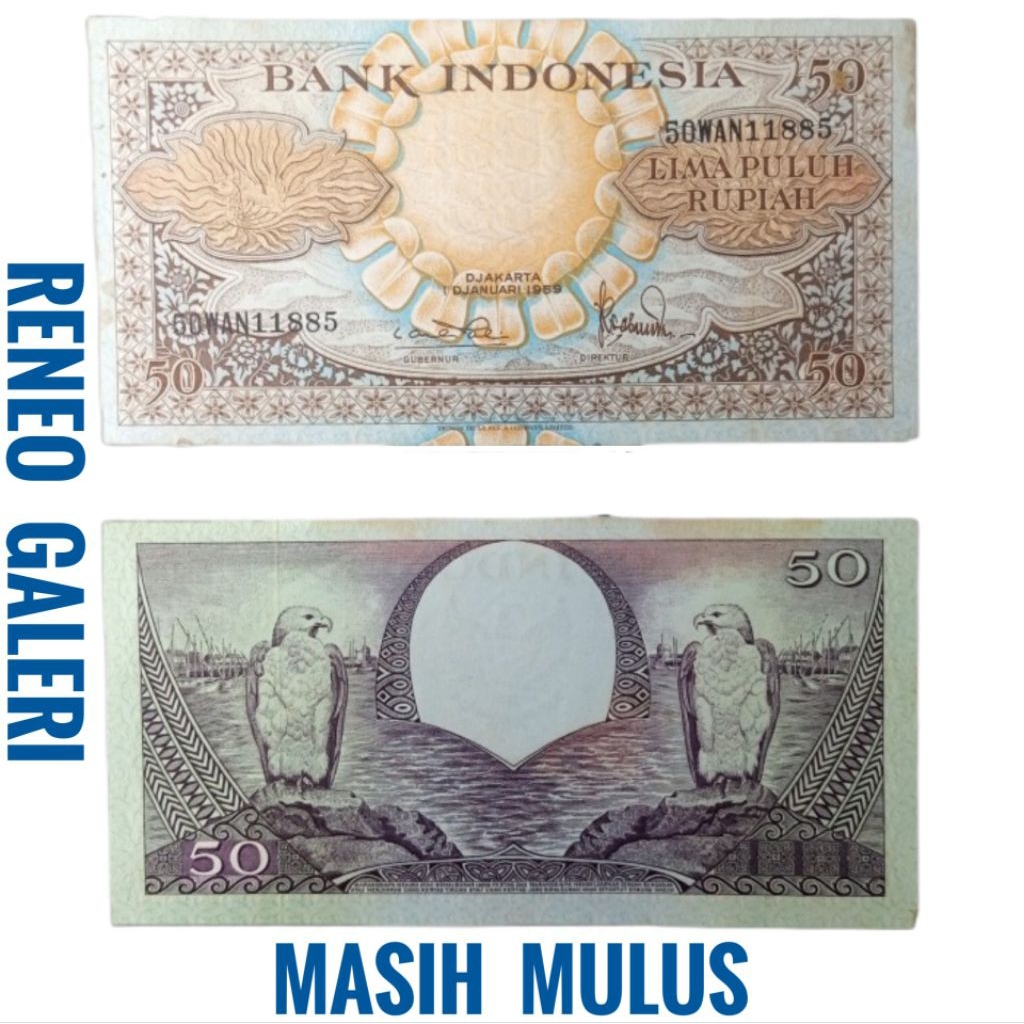 Mulus asli Rp 50 Rupiah Seri bunga burung tahun 1959 uang kertas Kuno duit jadul lawas lama original