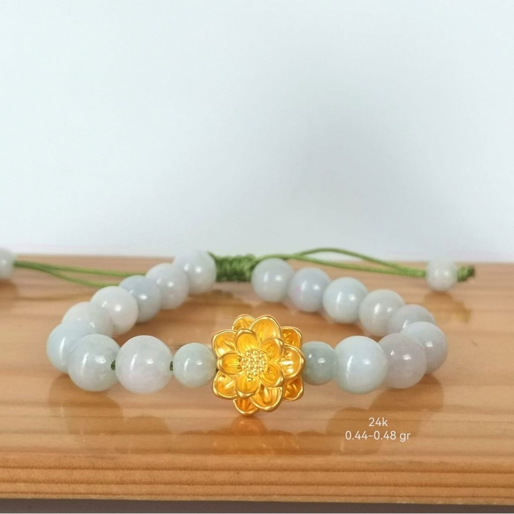 Gelang giok batu burma alami Grade A variasi charm bunga teratai Emas 3D