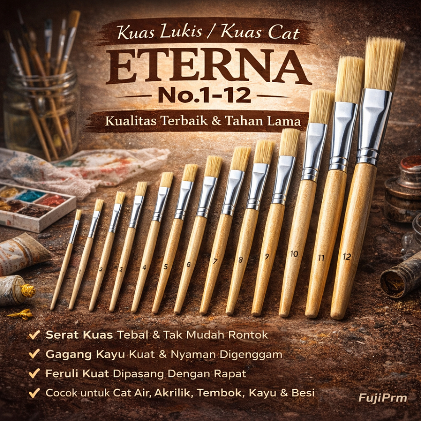 Kuas Eterna No 1 Sampai 12 Bebas Pilih Min 3 pcs Kuas Lukis Cat Air Akrilik Kayu Besi Tembok Multifu