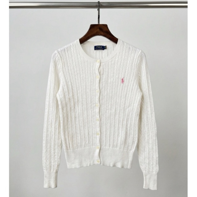 Cardigan Polo Ralph Lauren Cableknit Rajut Wanita Motif Kepang O-Neck Putih