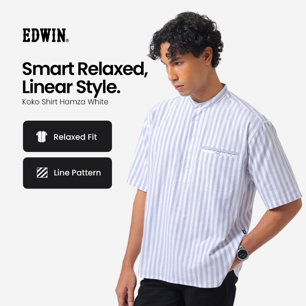 EDWIN JEANS - Kemeja Koko Pria Lengan Pendek HAMZA WHITE Baju Muslim Pria