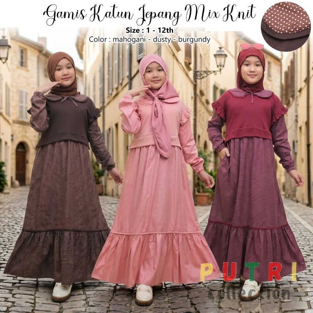 gamis anak katun jepang mix kaos knit,usia 4 tahun sampai 12 tahun