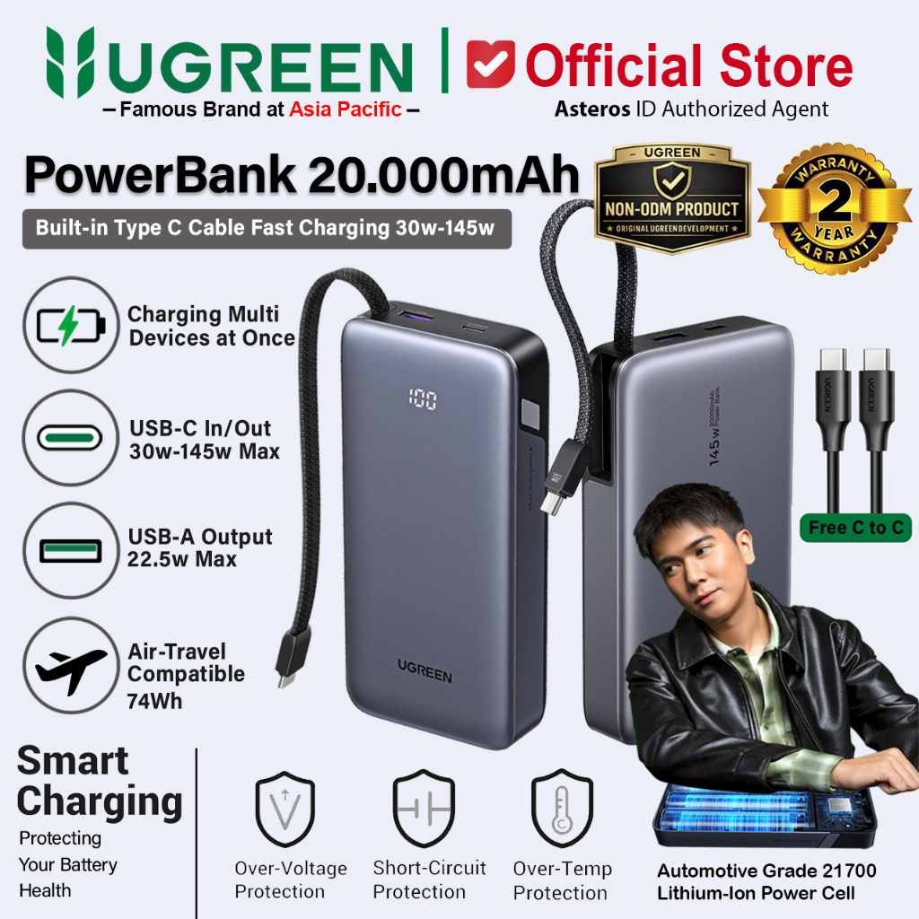UGREEN Power Bank Built-in Retractable Cable 20.000mAh PD Fast Charging 30w 45w 67W 145w Digital Dis
