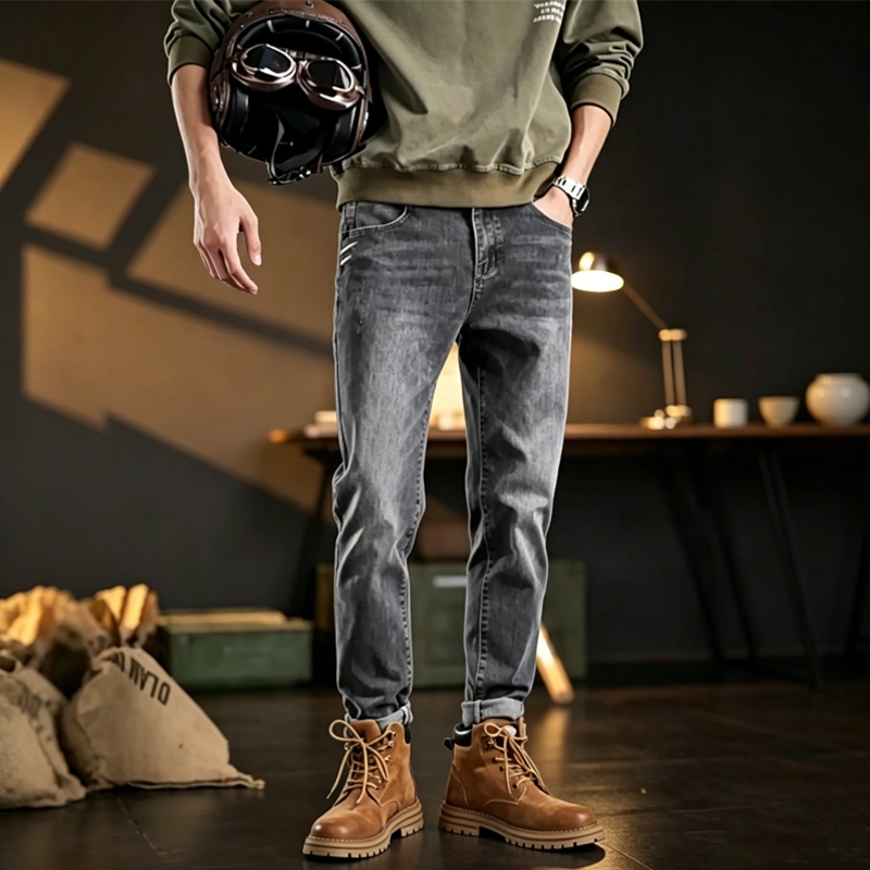 Celana Jeans Pria Panjang Pensil Slimfit Stretch Melar Karet Pinggang Hitam Abu Polos Whisker Korean