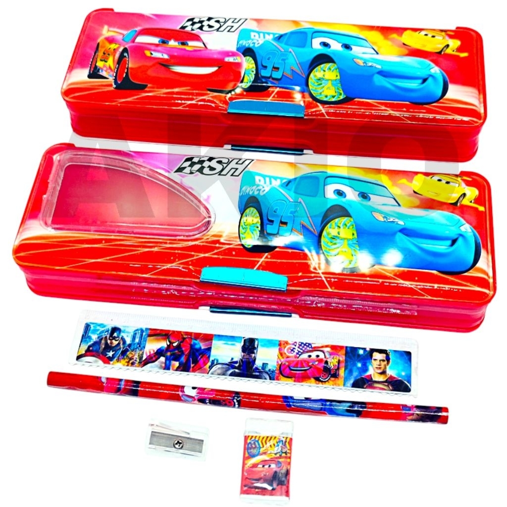 Tempat Pensil Anak Sekolah Set Alat Tulis Karakter MOBIL CARS GP65088-2 2 Sisi Magnet Murah Lucu