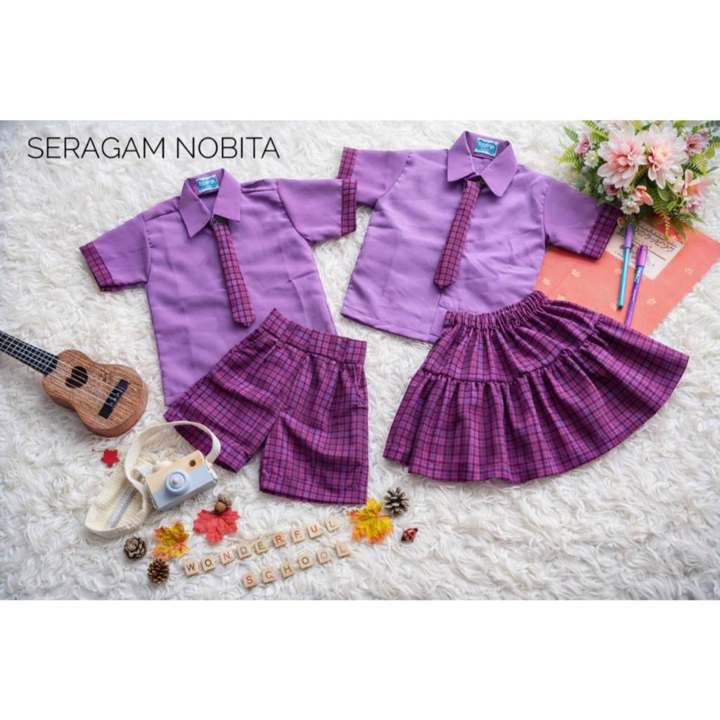 Seragam Anak PAUD Motif Kotak Lengan Pendek Baju Anak TK Warna Ungu Muda