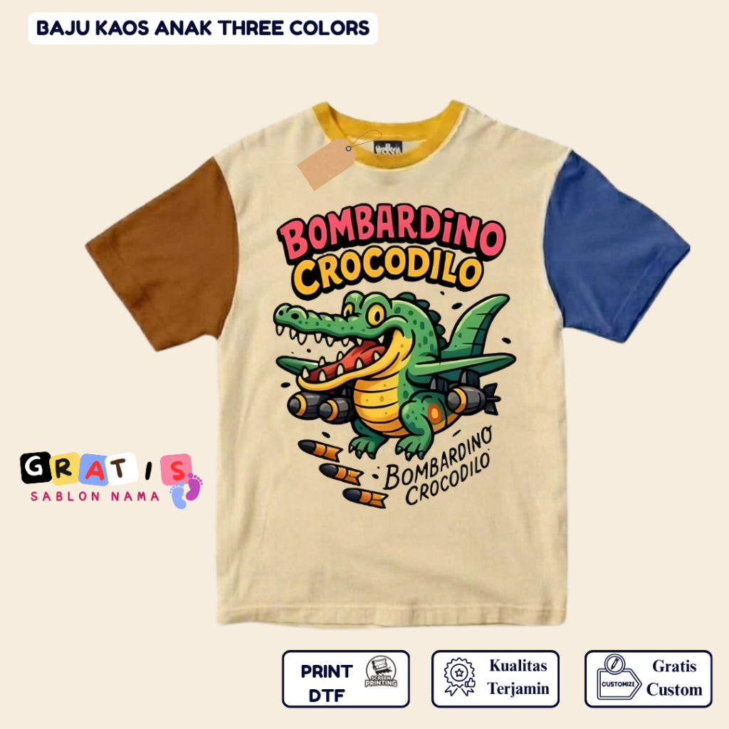 shabira tas  - Kaos Anak BOMBARDINO CROCODILO  - Kaos Anak Pendek Three Colors Dino - Kaos Anak Sabl