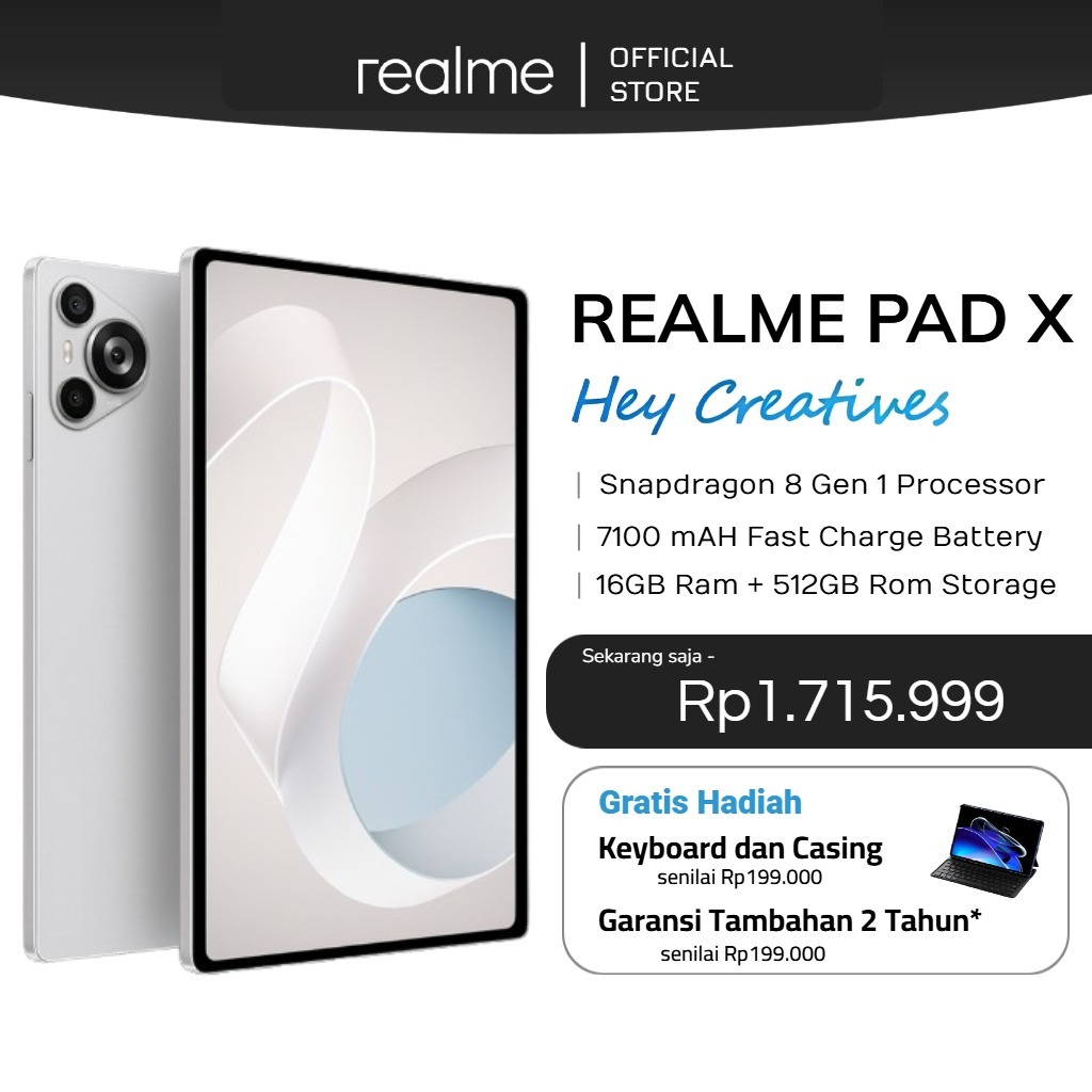 Realme Pad X Lite Tablet 12GB/512GB | Layar 10.4" | 6.8mm Thin | Battery 15000mAh | Mediatek Helio G