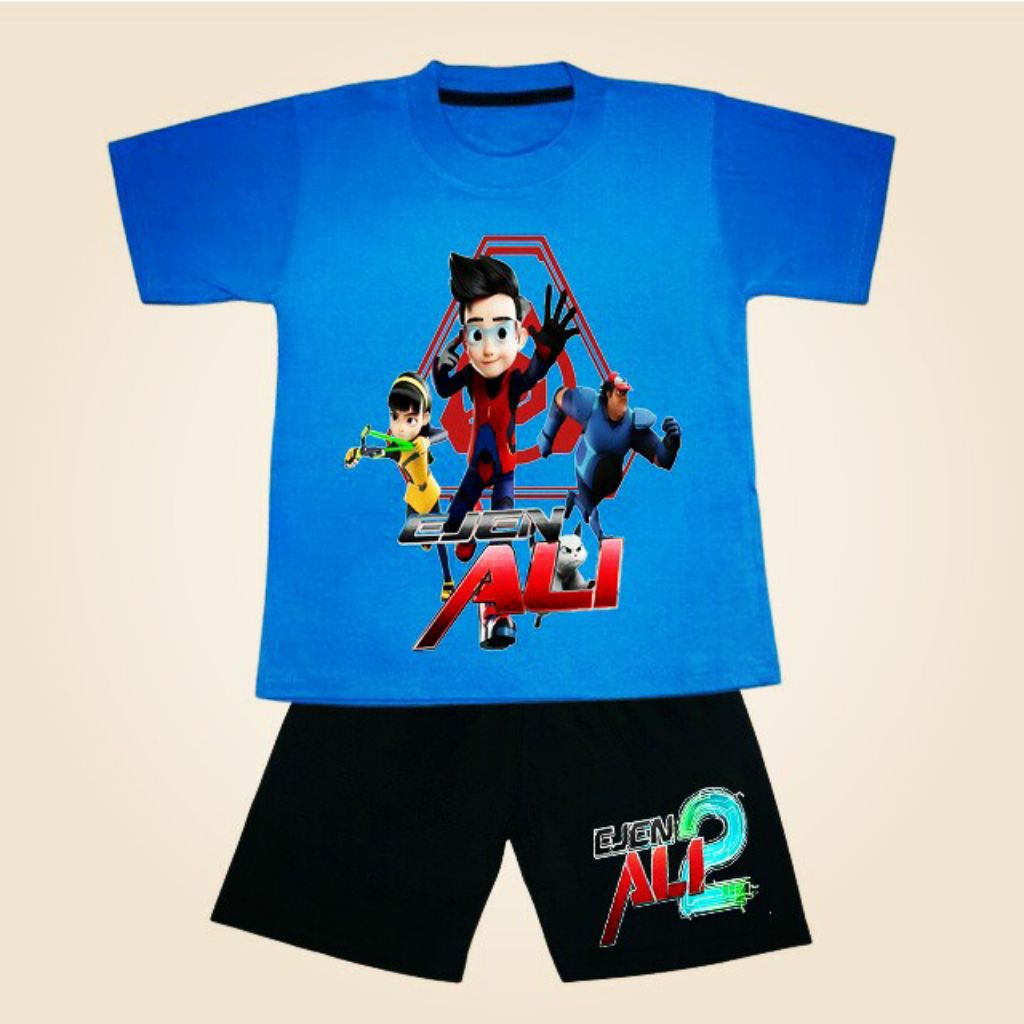 setelan baju set kaos anak laki laki/perempuan, bahan katun premium sablon dtf Ejen ali
