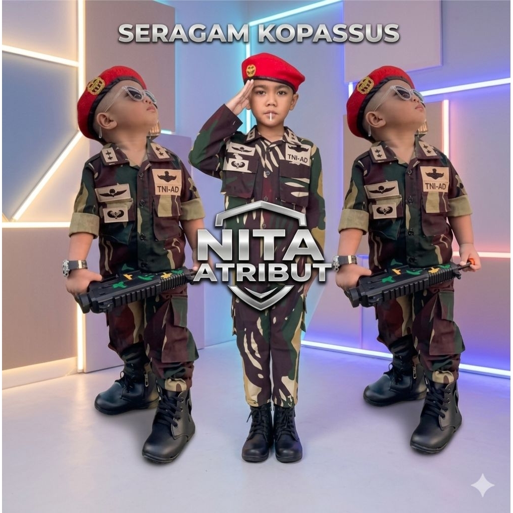 ABASA_79baju loreng tni AD KOPASSUS baret merah anak tk laki laki perempuan paket komplit