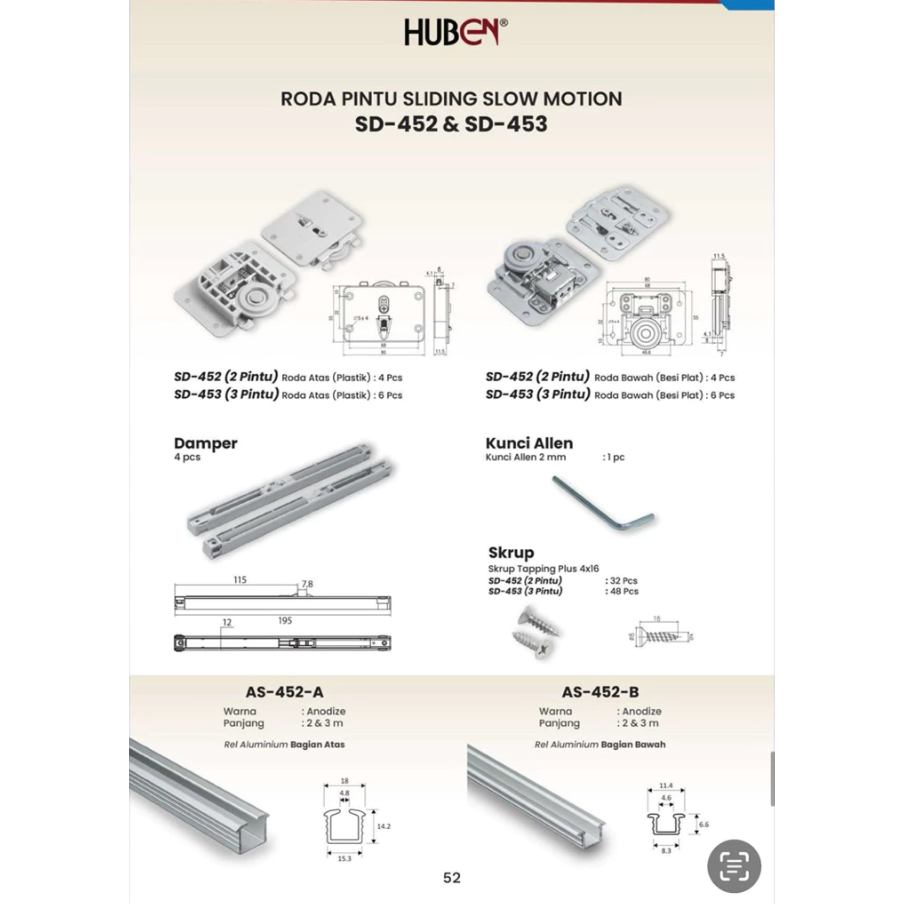 RODA REL PINTU LEMARI SLIDING GESER SLOWMOTION HUBEN SD-452 -2PINTU /2METER
