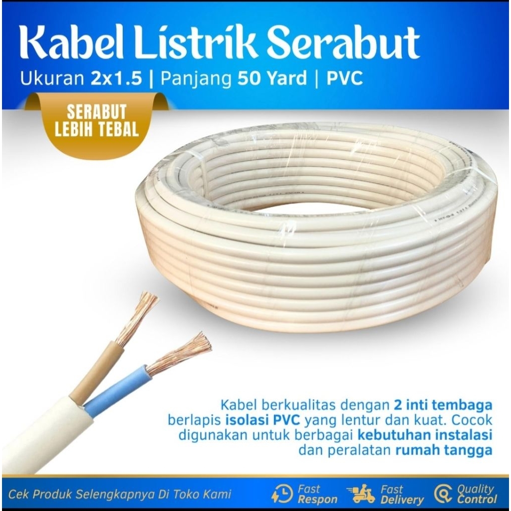 Kabel Listrik Serabut 2x1.5mm 1 Roll 50 Yard Kabel Listrik Tembaga Murni 2x1.5 Warna Putih Kabel Lis