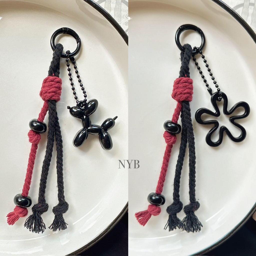 MAC HM - Bag Charm Macrame Beads Hitam Maroon- Gantungan Tas Tali Makram Beads Chain | Keychain Macr