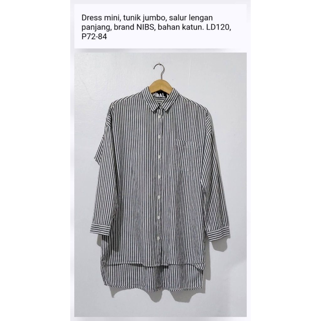 Dress jumbo mini tunik salur lengan panjang, brand NIBS, bahan katun pernah dipakai