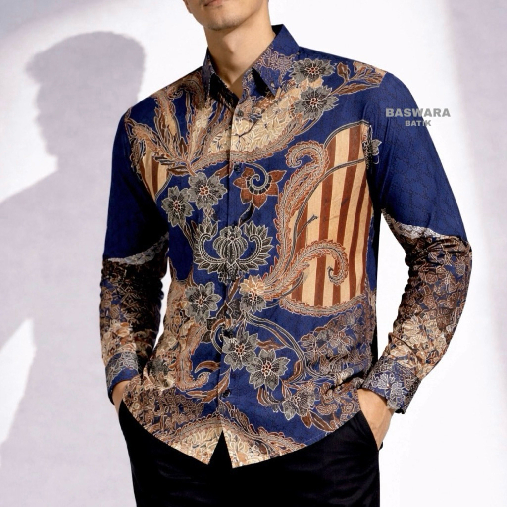 BASWARA Kemeja Pria Batik Lengan Panjang Biru Dongker Coklat
