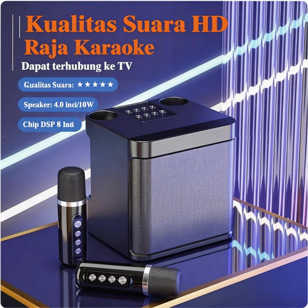 Speaker Bluetooth Portable dengan 2 Mikrofon Nirkabel Mesin Karaoke BT untuk Pesta & Hiburan Keluarg
