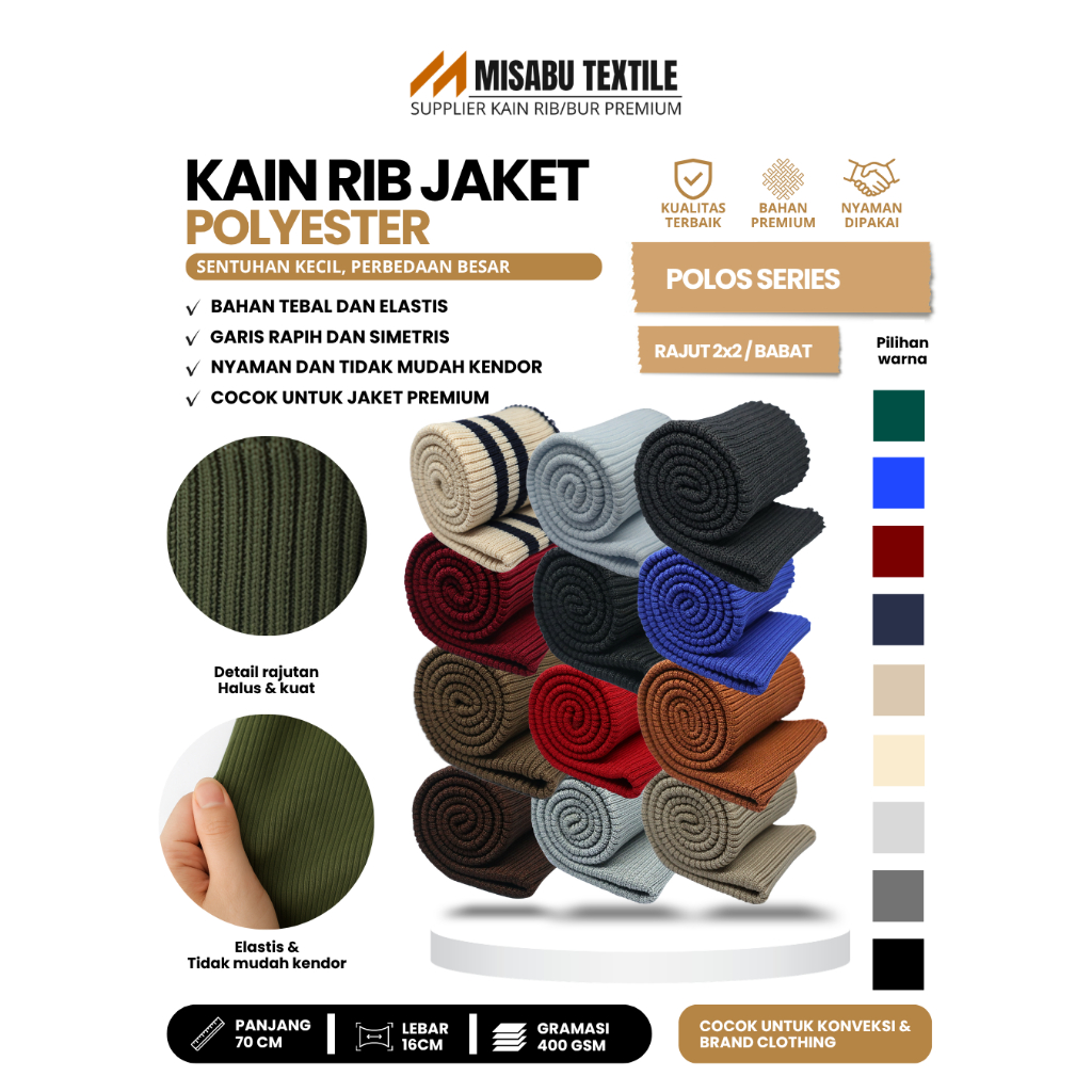 Misabu Textile | Rib jaket polos rajut 2x2 babat tebal meteran untuk lengan jacket bomber parasut va