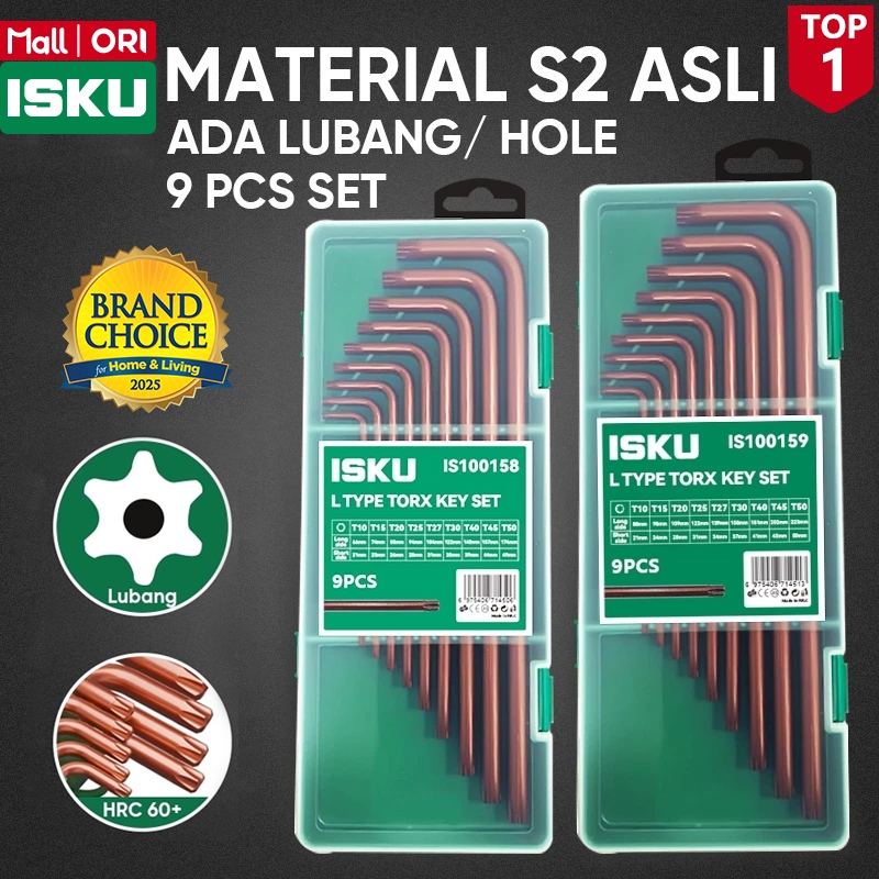 ISKU Kunci L Bintang Set 9 Pcs S2 Steel Extra Long Panjang Ada Lubang Bolong Torx Key Security Alat 