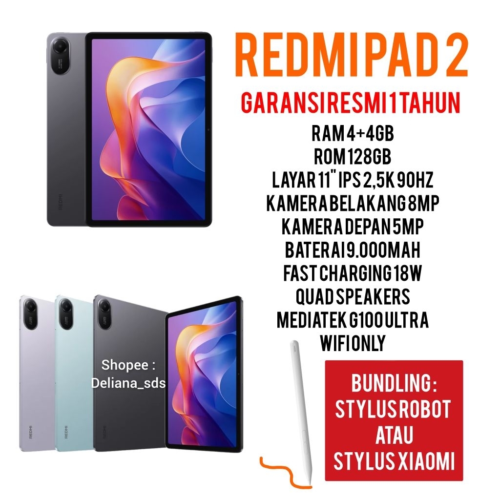 Redmi Pad 2 4/128 4+4/128 8/128 Wifi Only Garansi Resmi 1 Tahun Redmipad 2 4/128 Tab Xiaomi Redmi Pa