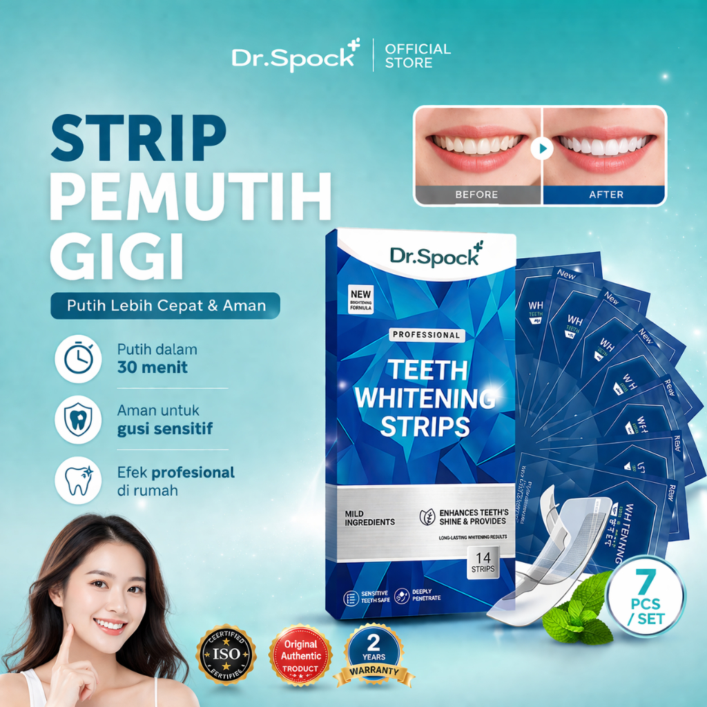 Dr.Spock MBT01 Teeth Whitening Strips 7Pcs BPOM | Pemutih Gigi Cepat 30 Menit Hilangkan Noda Kuning 