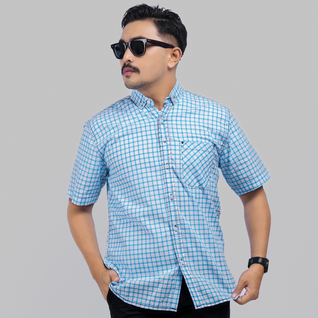PAKAJI Kemeja Pendek Kemeja Pria Yarndyed Pendek Kotak Kemeja Yarn Dyed Kotak Kecil Putih Garis Biru