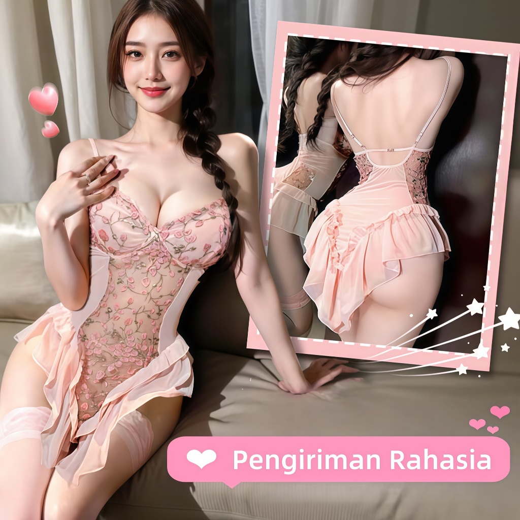 Lingerie Bodysuit Pink Bunga Imut, Baju Tidur Seksi Wanita Transparan Korset, Kostum Seksi Aesthetic