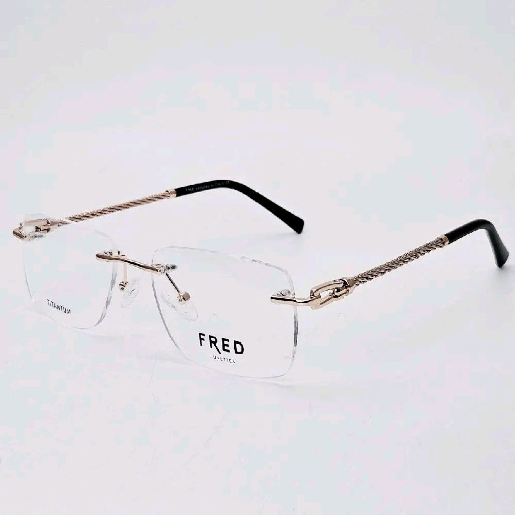 Frame Kacamata Pria Wanita Elegan Kotak Fred Frameless Bor Titanium FR25611 Gold Bisa Lensa Photocro