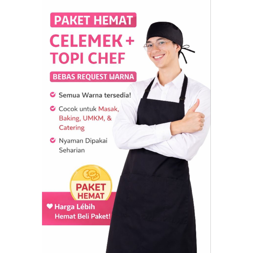 Banting Harga! Paket Hemat set Apron Celemek & Topi koki dewasa bebas pilih warna / apron celemek ka