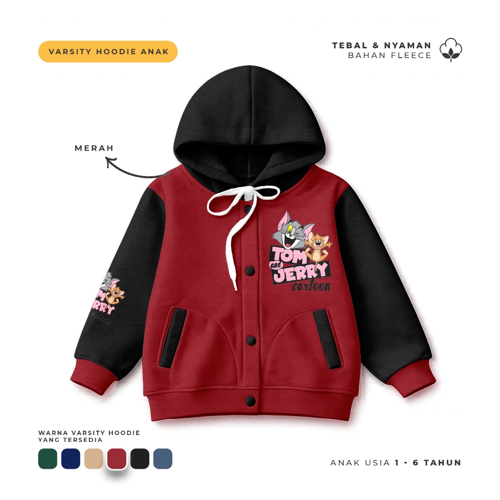 Jacket Varsity Hoodie Anak Varsity Hoodie Tom And Jerry Pink Usia 1-6 Tahun